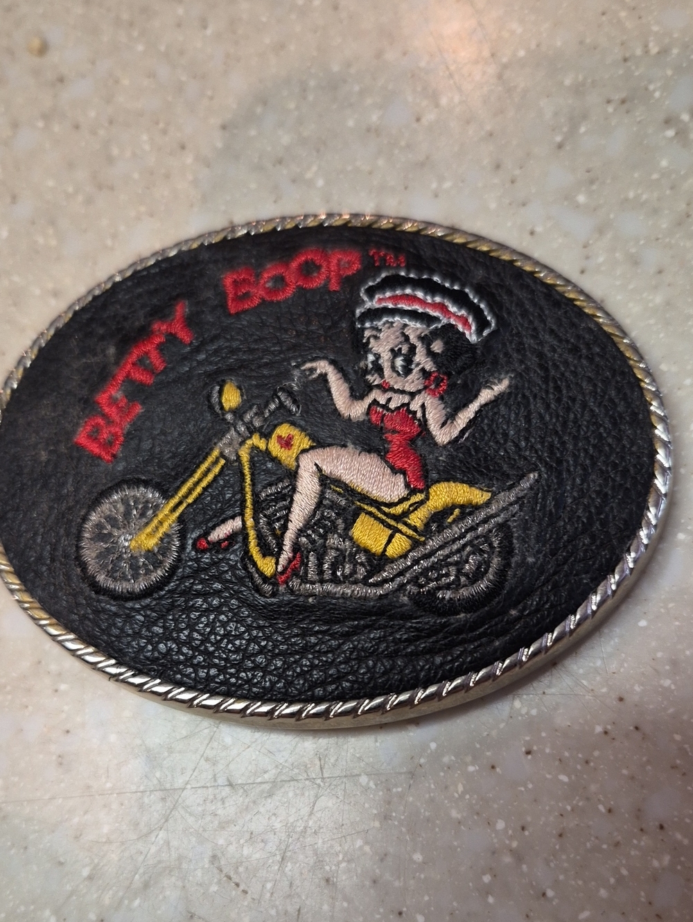 Betty Boop Black Leather Belt Buckle with Red and Yellow Embroidery